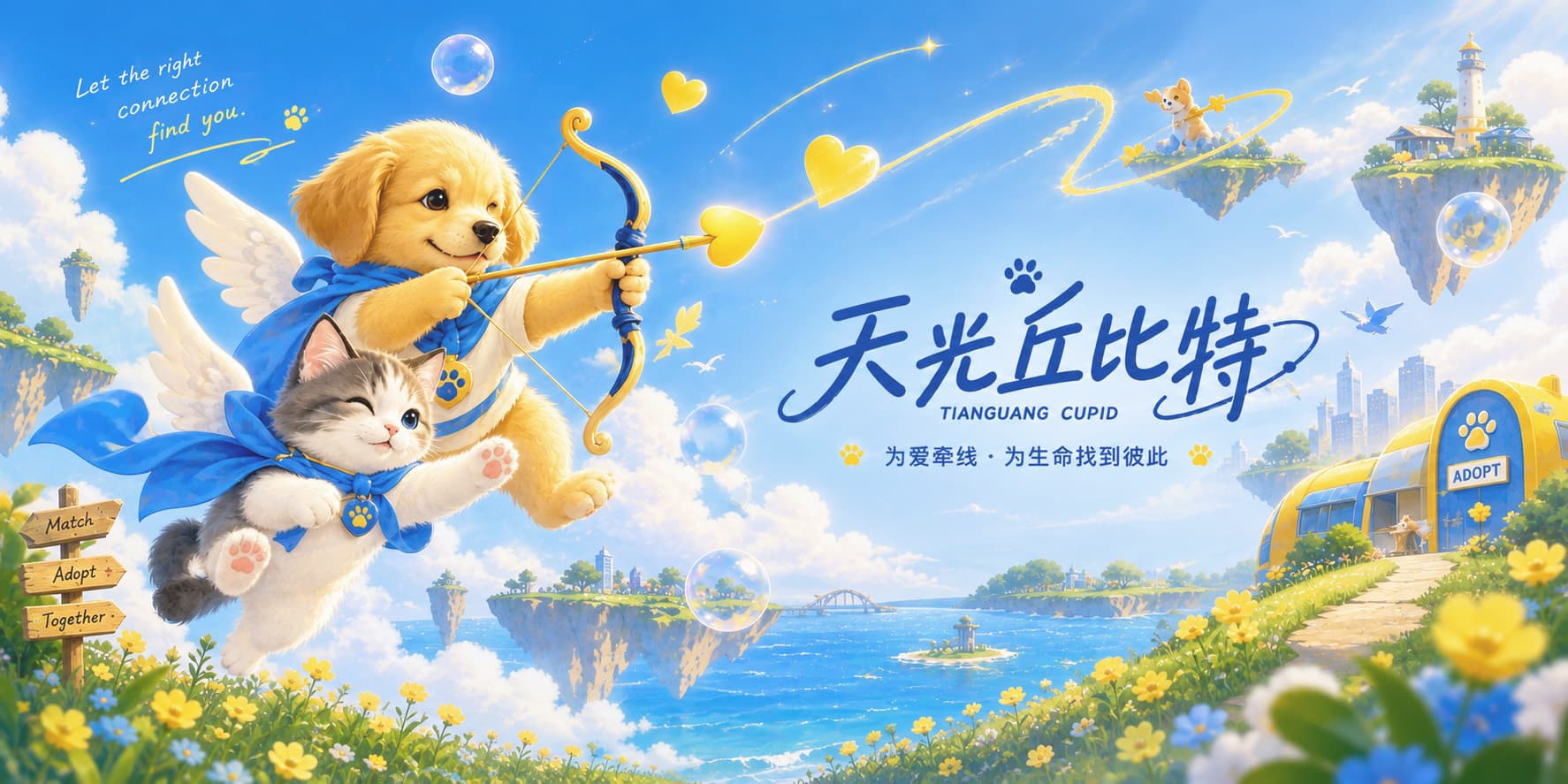 天光丘比特主视觉：小狗和小猫拿着丘比特弓箭，在云端为待领养宠物寻找合适的家。